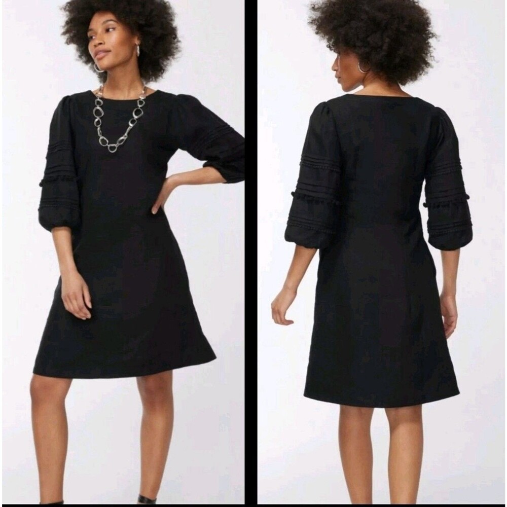 Chico’s Black Linen Shift Dress Pom Trim Puff Sleeve Sz 10